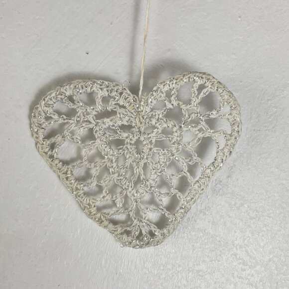 Vintage Ornament Crochet Heart Hand Made White Thread Sparkly Christmas Heart - Picture 3 of 3